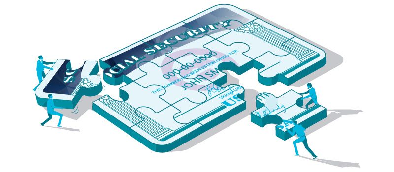 Illustration of a Social Security card being pieced together like a puzzle.