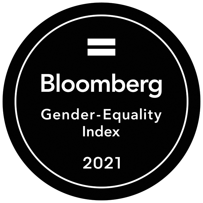 2021 Bloomberg Gender Equality Index logo, tracks performance of public companies committed to disclosing their efforts to support gender equality through policy development, representation and transparency